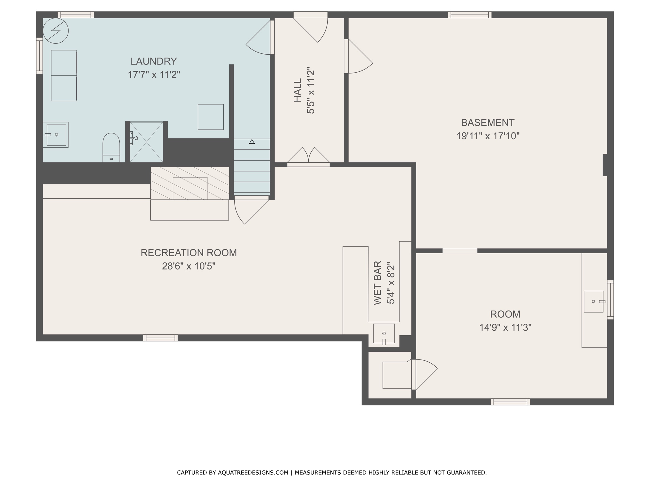 Lower level floor plan of 1407 Wentbridge Road — recreation room, wet bar, bonus room, second bath and laundry