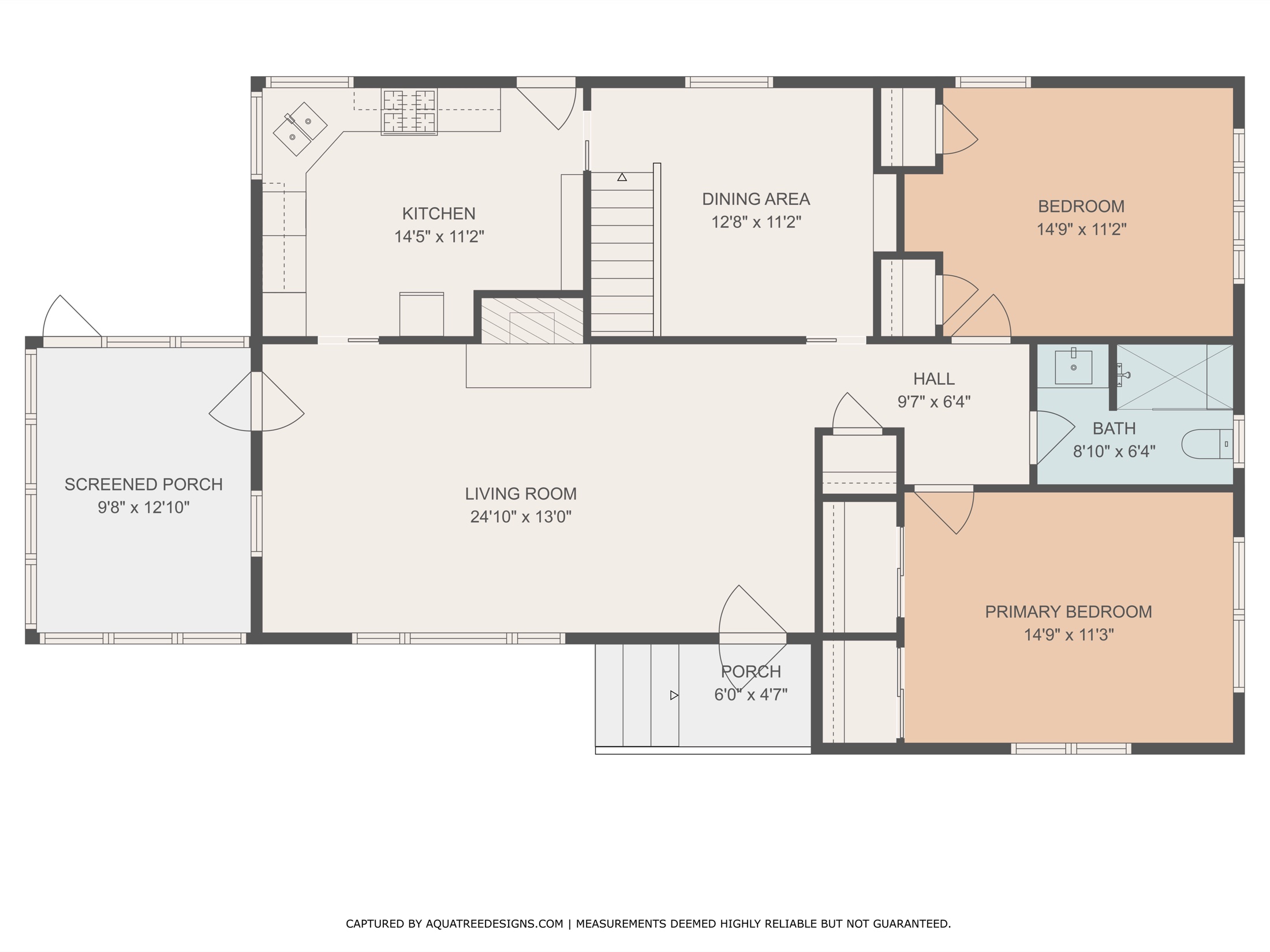 Main level floor plan of 1407 Wentbridge Road — kitchen, dining area, living room, two bedrooms, bath and screened porch